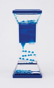 Image shows a drop oil timer, one of the therapy fidgets I most prefer. It is blue with blue oil against a white background. 