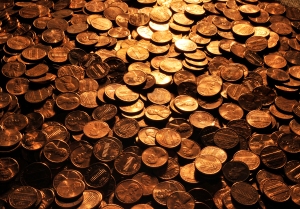 Color photograph of a pile of pennies
